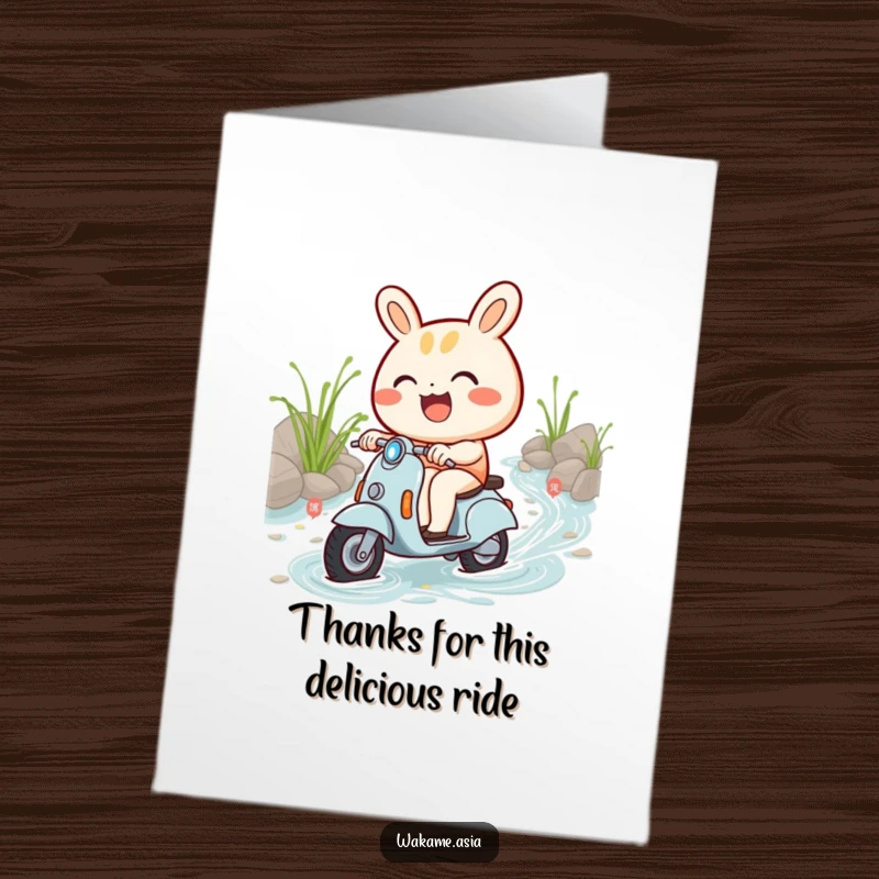 Funny Free Printable Thank You Card: A cheerful Bao Bun on a tiny scooter rides through noodles to express thanks.
