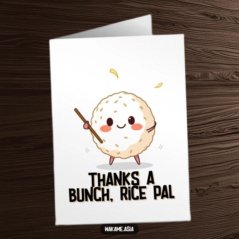 Funny Free Printable Thank You Card: Whimsical rice ball character expertly juggling chopsticks, a unique way to say thanks.