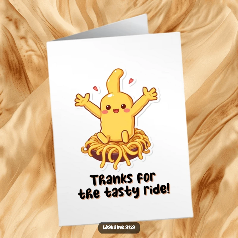 Funny Free Printable Thank You Card: a tempura character slides down noodles, symbolizing a grateful, comical thank you gesture.