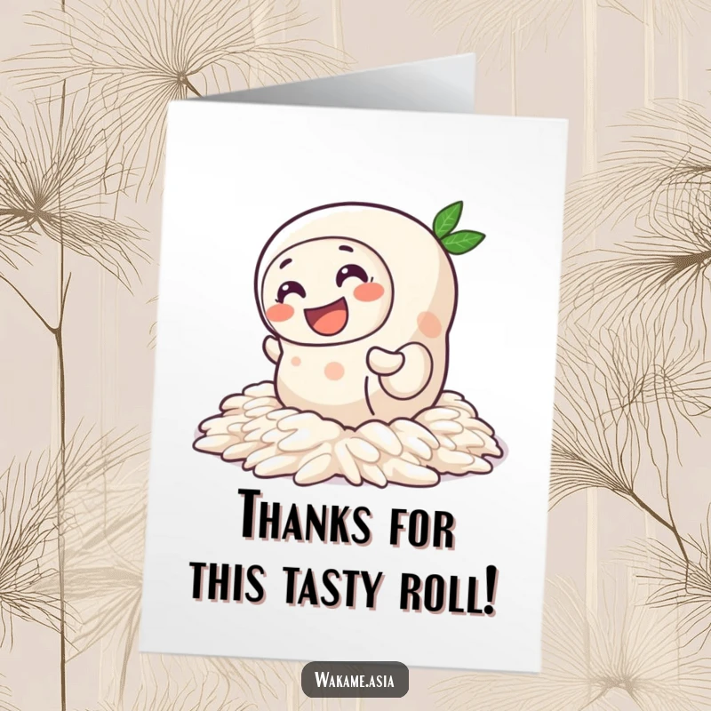 Funny Free Printable Thank You Card: A delighted spring roll character wiggles across rice, offering thanks.