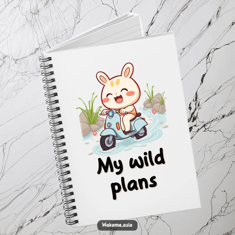 Funny notebook with a smiling bao bun character riding a miniature scooter through a whimsical noodle stream.