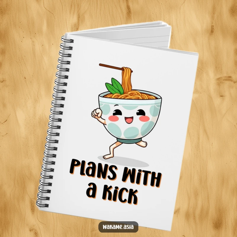 Funny notebook with a cheerful, anthropomorphic ramen bowl performing a martial arts kick, ideal for jotting down ideas with flair.