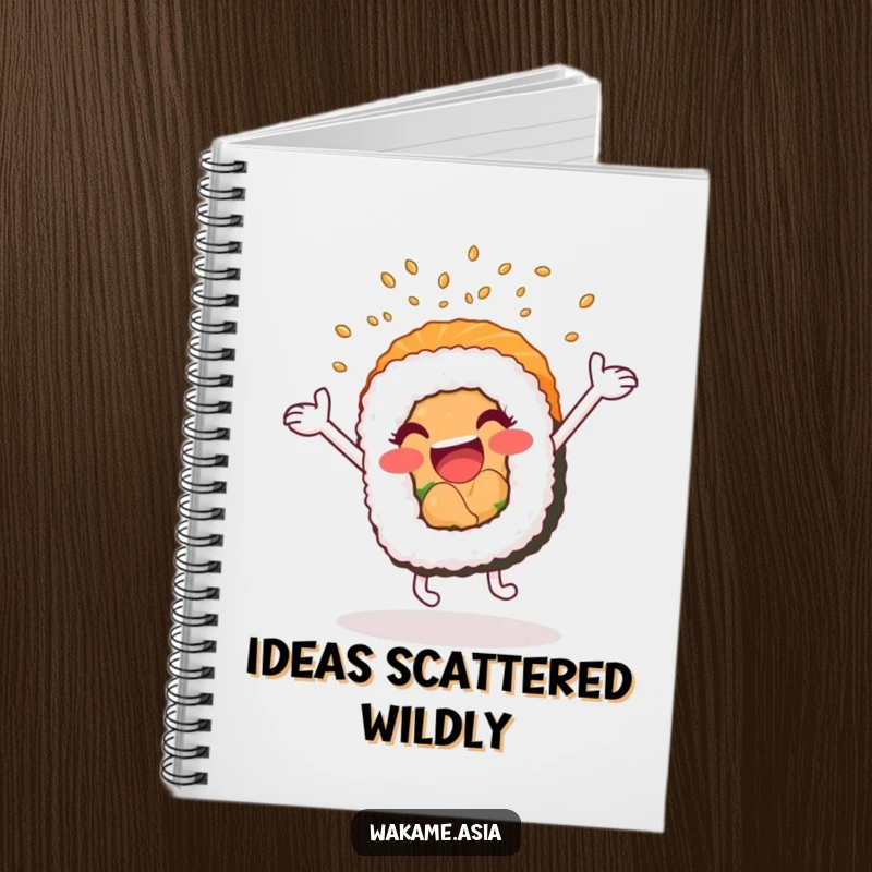 Funny notebook with a cartwheeling, anthropomorphic sushi roll showering sesame seeds, ideal for jotting down ideas with flair.