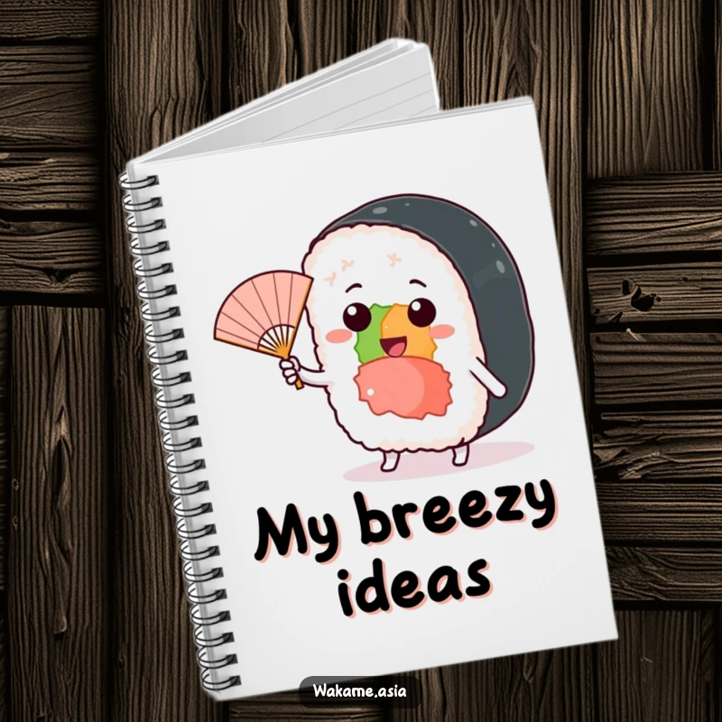 Funny notebook with a cheerful sushi roll character waving a miniature fan in a playful breeze.