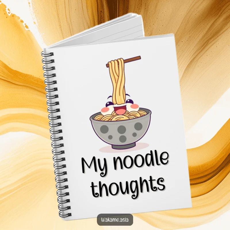 Funny notebook with a happy ramen bowl character enthusiastically slurping noodles upwards.