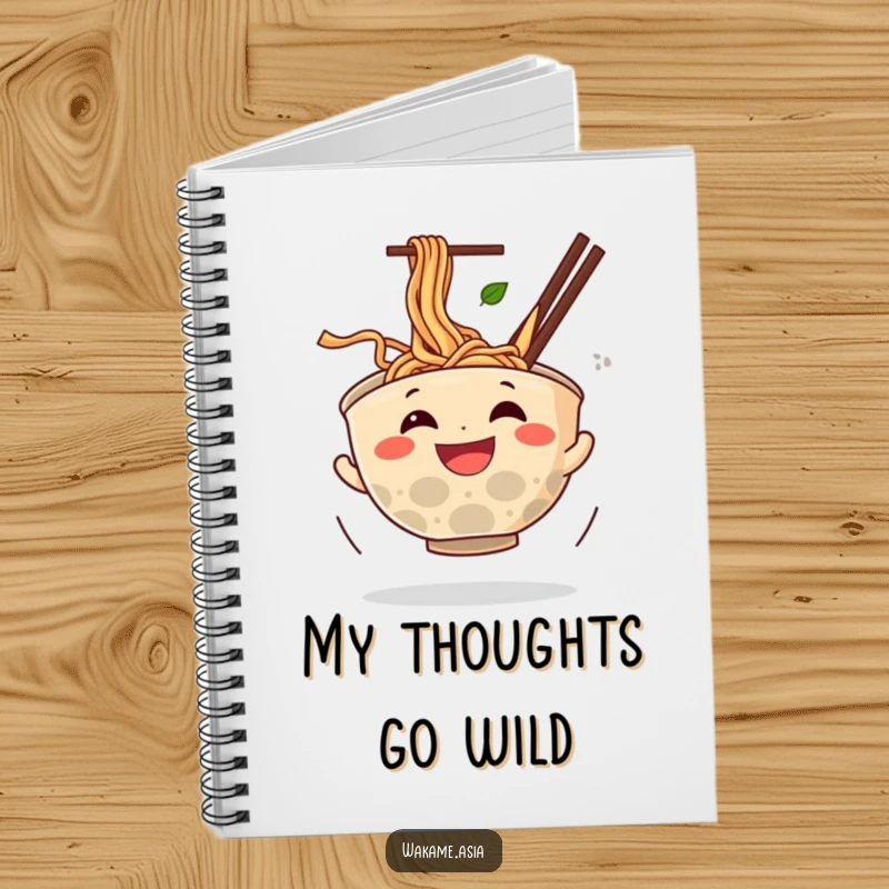 Funny notebook featuring a grinning anthropomorphic ramen bowl spinning with noodles flying, ideal for notes with a humorous food character cover.