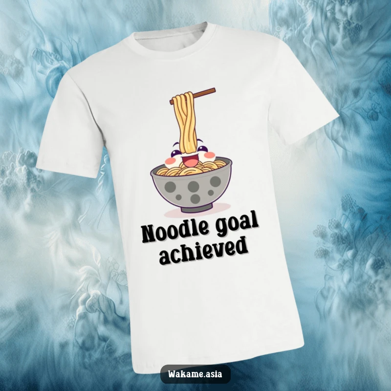 Funny t-shirt showcasing a happy ramen bowl character enthusiastically slurping noodles upwards.