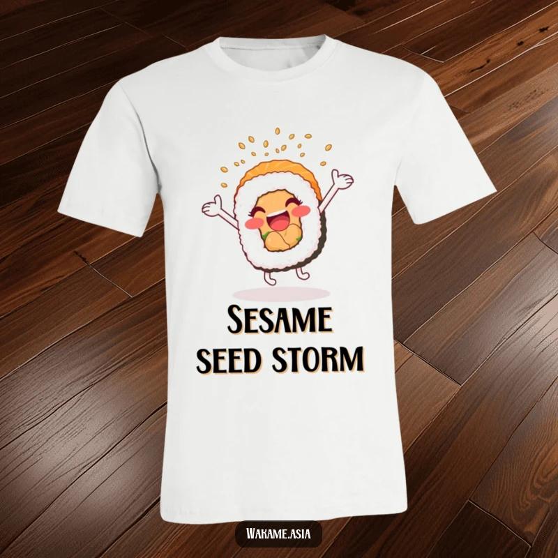 Funny t-shirt with a cartwheeling, anthropomorphic sushi roll showering sesame seeds, showcasing a love for food and energetic fun.