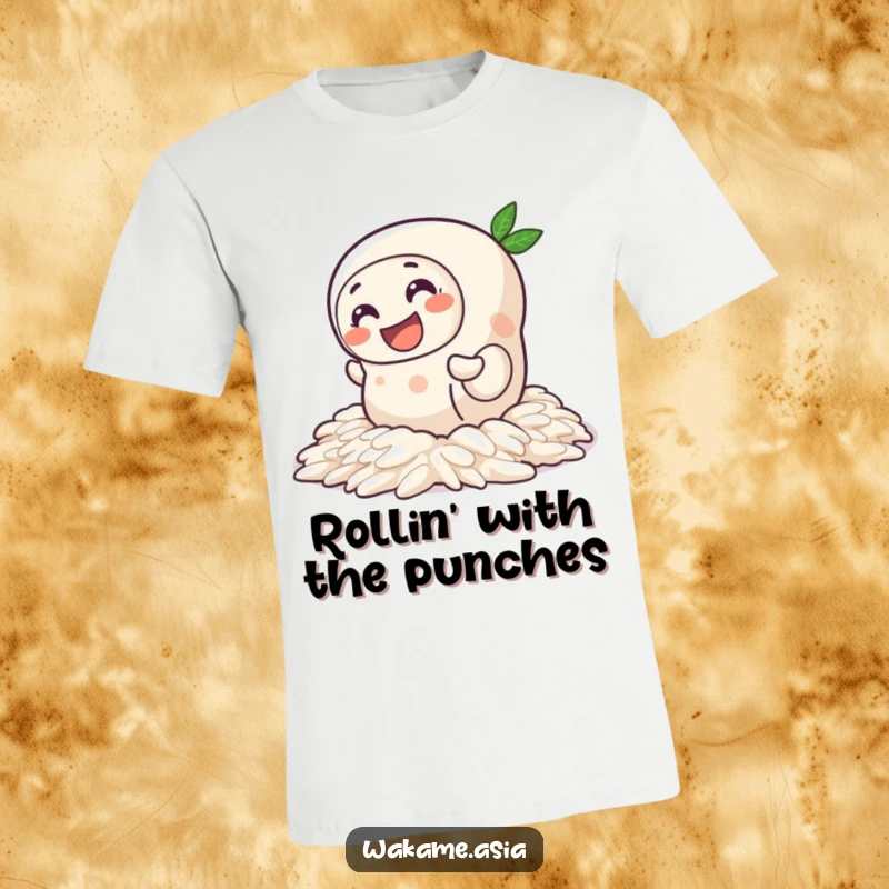 Funny Spring Roll Rice T-Shirt: A graphic tee with a happy spring roll character comically wiggling on slick rice, great for casual wear.