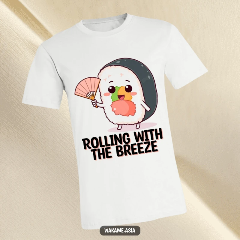 Funny t-shirt featuring a cheerful sushi roll character using a miniature fan amidst a playful breeze.