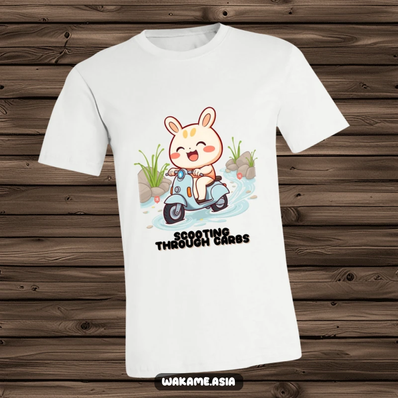 Funny t-shirt featuring a smiling bao bun character gleefully scooting through a vibrant noodle stream.