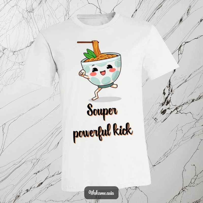 Funny t-shirt with a cheerful, anthropomorphic ramen bowl mid-martial arts kick, showcasing a love for food and fun.