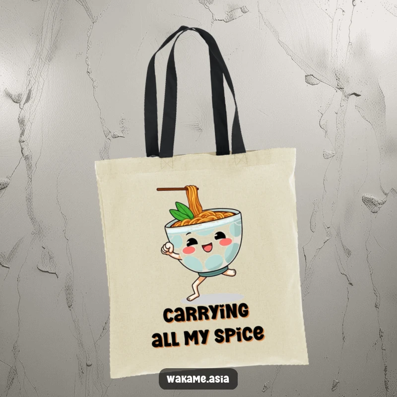Funny tote bag featuring a cheerful, anthropomorphic ramen bowl with legs performing a martial arts kick, perfect for stylish carrying.