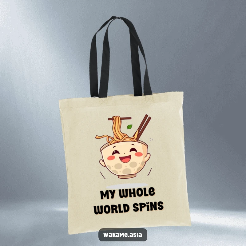 Funny tote bag with a grinning anthropomorphic ramen bowl spinning and noodles flying, a practical and humorous accessory for food lovers.