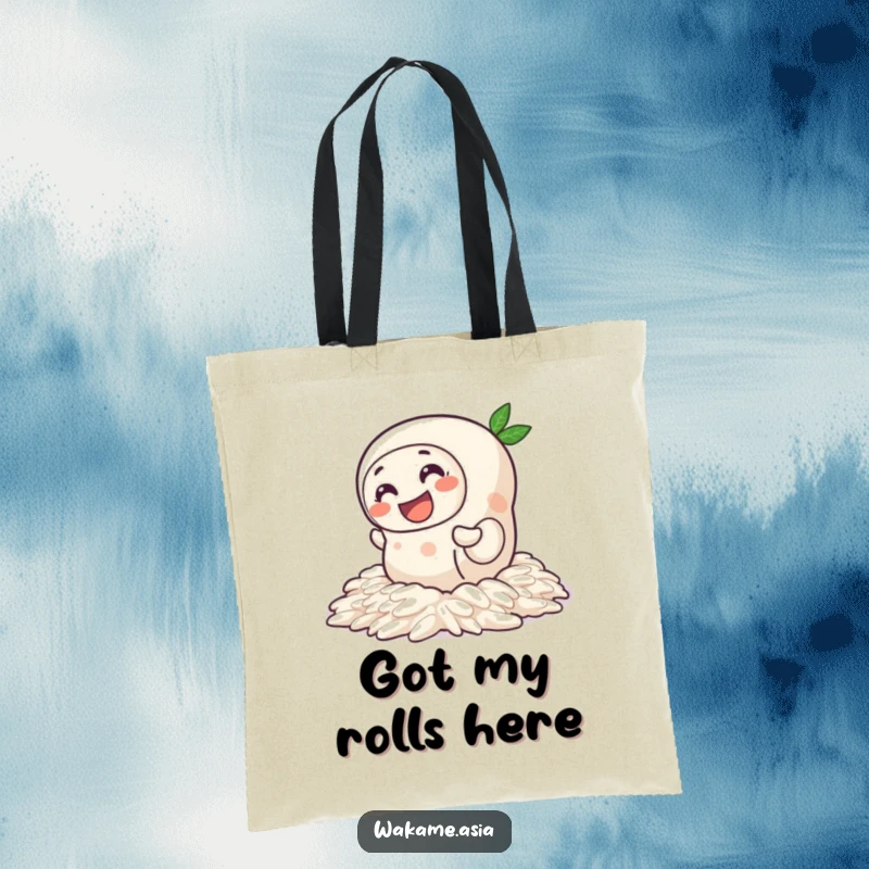 Funny Spring Roll Rice Tote Bag: A durable and funny tote bag showing a spring roll character wiggling energetically across slick rice, great for shopping.