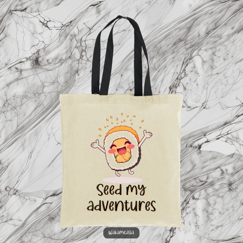 Funny tote bag featuring a cartwheeling, anthropomorphic sushi roll with arms waving excitedly, showering sesame seeds, perfect for stylish carrying.