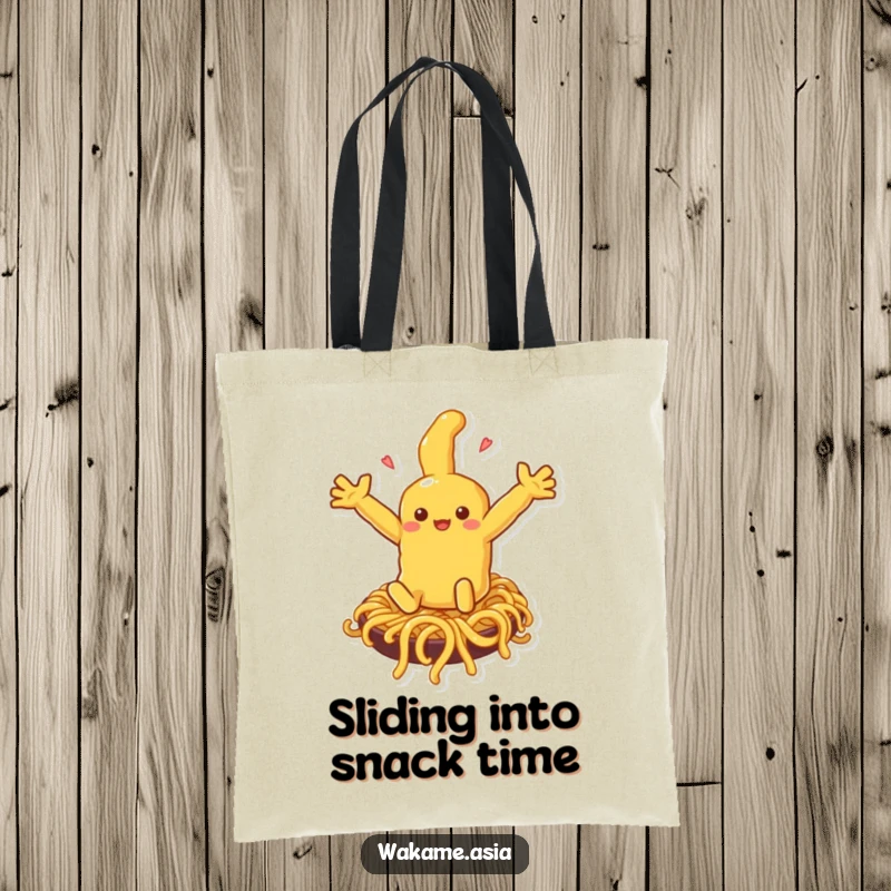 Funny tempura character joyfully sliding down a spaghetti noodle slide, featured on a durable tote bag, perfect for market trips.